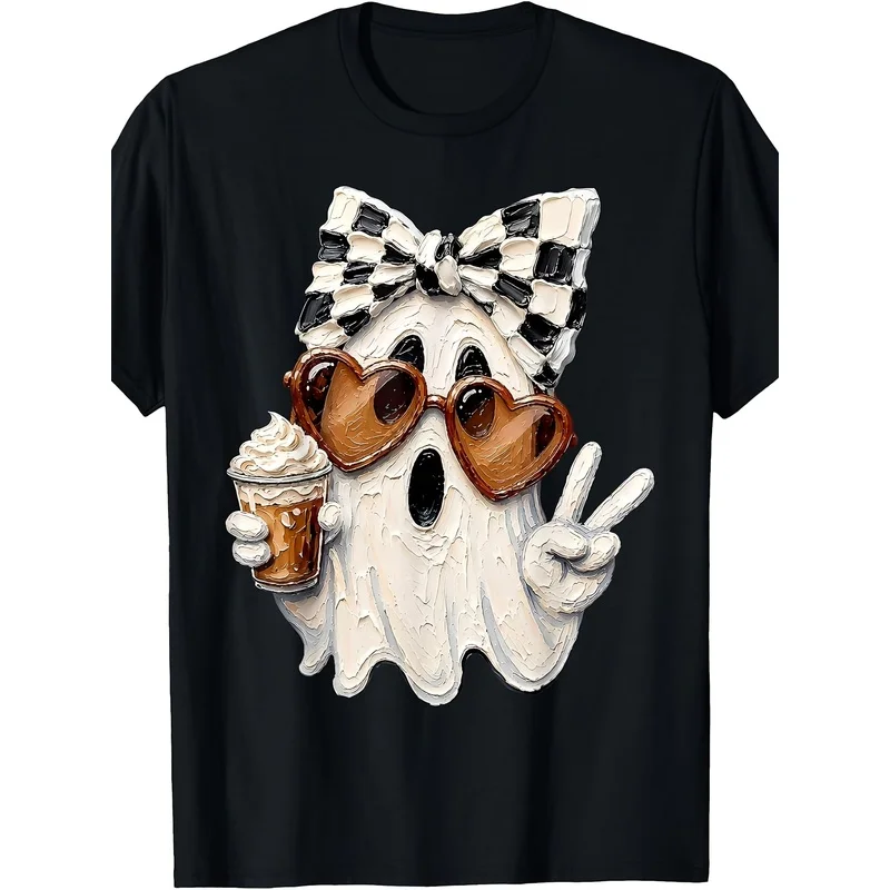 Women Cool Ghost With Coffee Checkered Bow Graphic T‑Shirt Crew Neck Short Sleeve Halloween Casual Fun Tee Tops