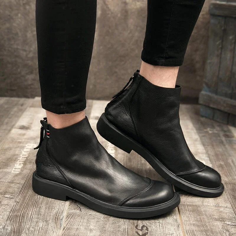 Autumn Early Winter Shoes Men Chelsea Boots Cow Leather Fashion Brand Shoes Mens Ankle Botas Flat Non-slip Pure Black DX211