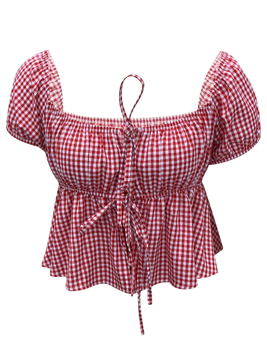 Camiseta a cuadros de manga corta para mujer, Top corto de Babydoll, cuello cuadrado, corbata, Verano