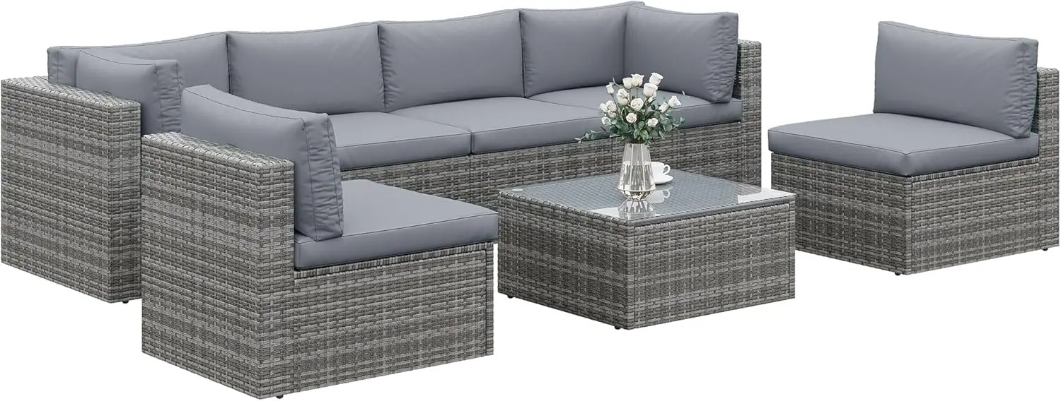 

7 Piece Patio Furniture Sets All Weather Gery PE Wicker Couch Sofa with Glass Table, Removable Grey Cushions