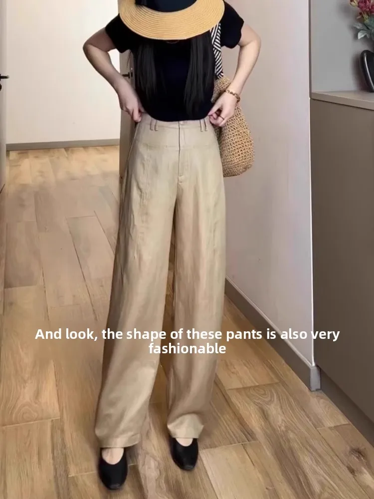 ハイウエストドレープリネンテンセル女性の夏薄いワイドレッグパンツカジュアルスーツパンツ快適な通気性のあるハイウエストパンツ
