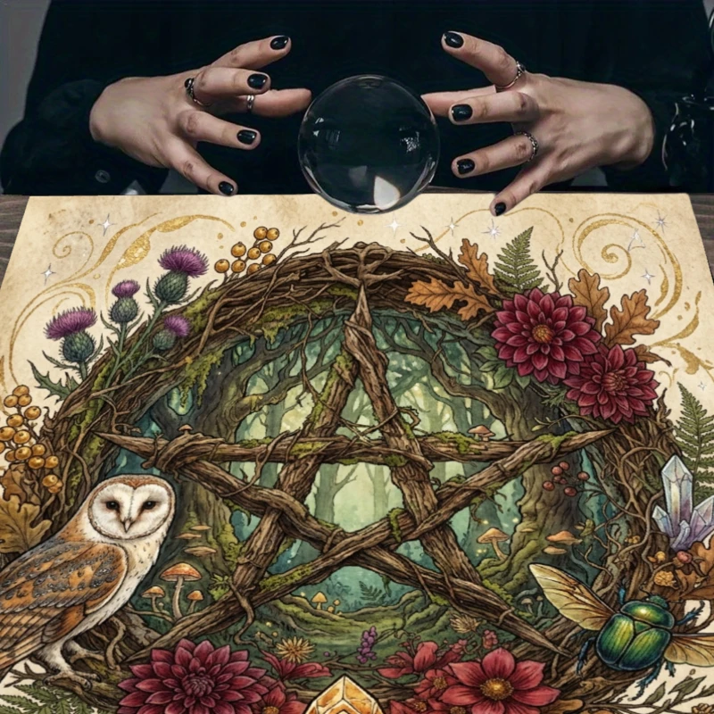 2D Printed Retro Mystic Witch‑Forest Tablecloth, Vine, Pentagram, Owl, Floral Forest, Crystal, Celtic Knot Motifs, Crystal Ball