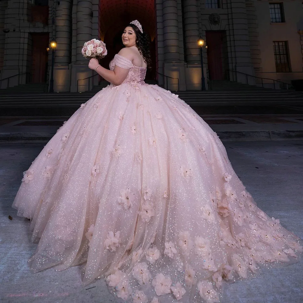 Lorencia-vestido De quinceañera con flores en 3D, traje De baile con purpurina rosa, apliques De capa, cuentas De encaje, 15 Años, YQD570