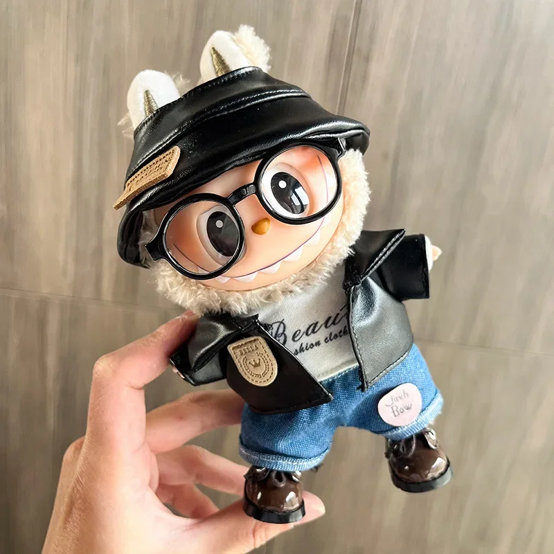 Cool Leather Jacket Fashion Mini Plush Doll Clothes Accessories for Labubu Dolls DIY Clothes Gifts with Labubu Cute Glasses