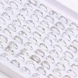 20Pcs/Lot Fashion Classic Zircon Opening Rings For Women Geometric Heart Bow Mixed Style Gold Silver Color Wedding Jewelry Gifts