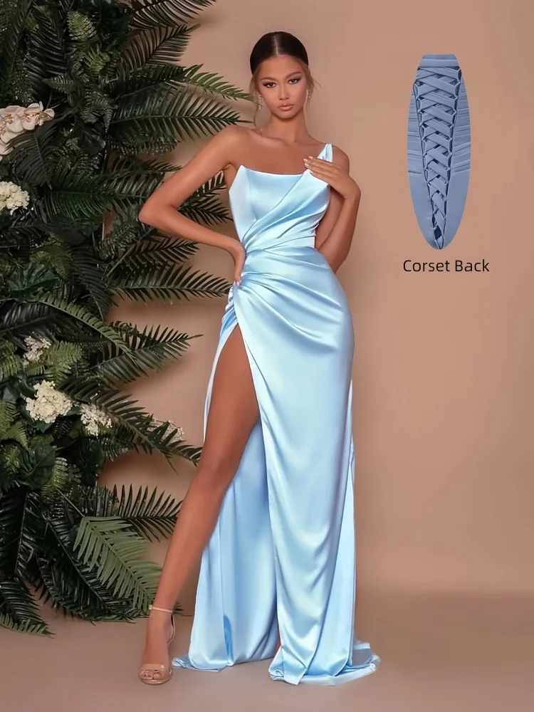 Beshinel Customized Gold Satin Strapless Prom Dresses 2025 Backless Side Split Formal Long Bridesmaid Wedding Party Dresses