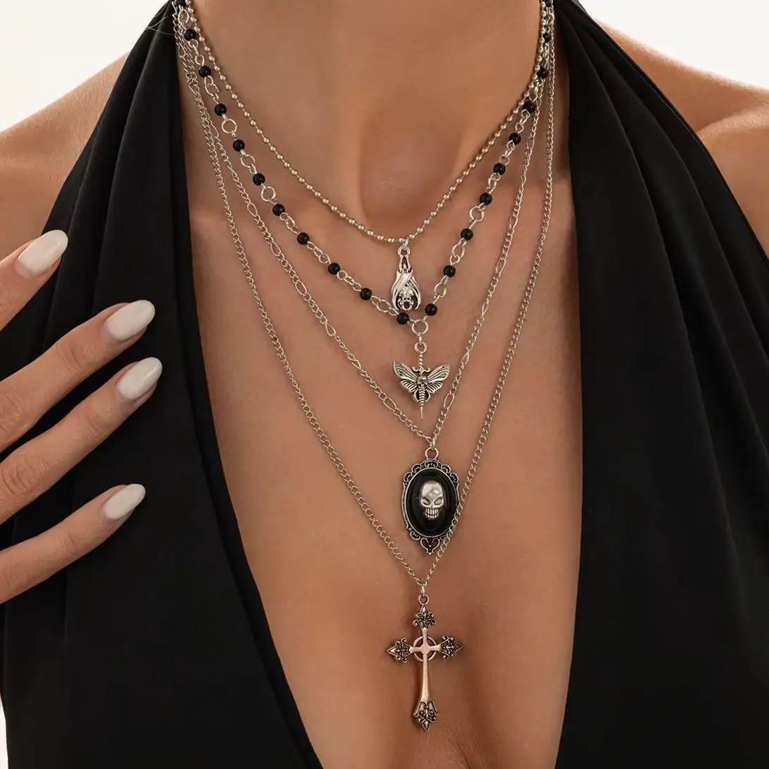Salircon 4 Pcs/Set Gothic Layered Skull Bat Cross Pendant Necklace Punk HipHop Rice Beaded Necklace Halloween Jewelry Gift