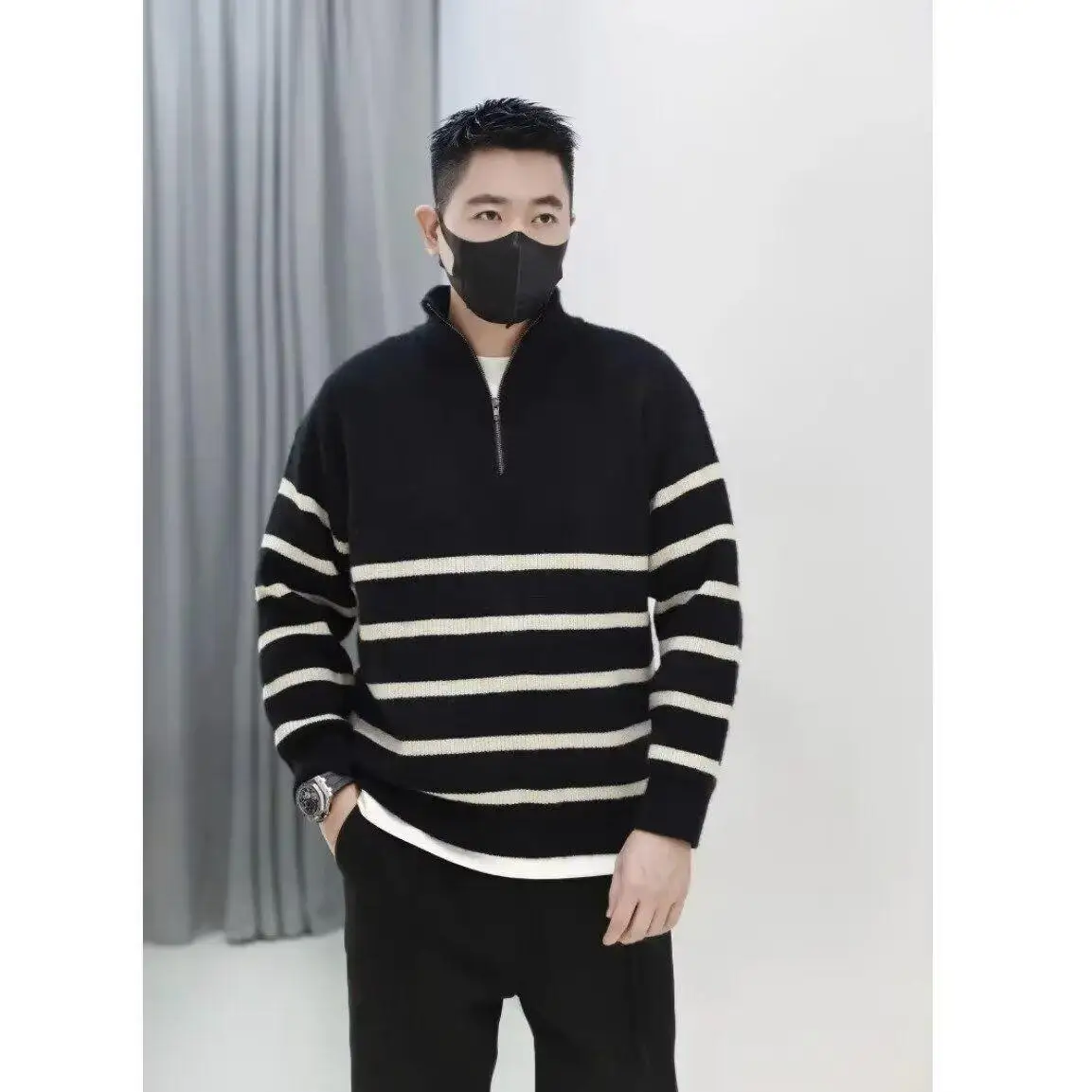 メンズジッパーネックニットセーターカジュアルハーフハイ秋冬ストライプベースシャツ香港スタイルトレンディルーズニットウェアトップ
