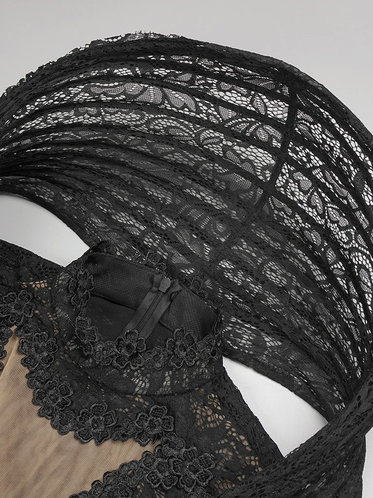 Party-Abendkleider, Maxikleid mit Spitzenakzent, hoher Ausschnitt, Ausschnitt, Tüllstoff, lange Ärmel, bodenlang, Cocktailkleid