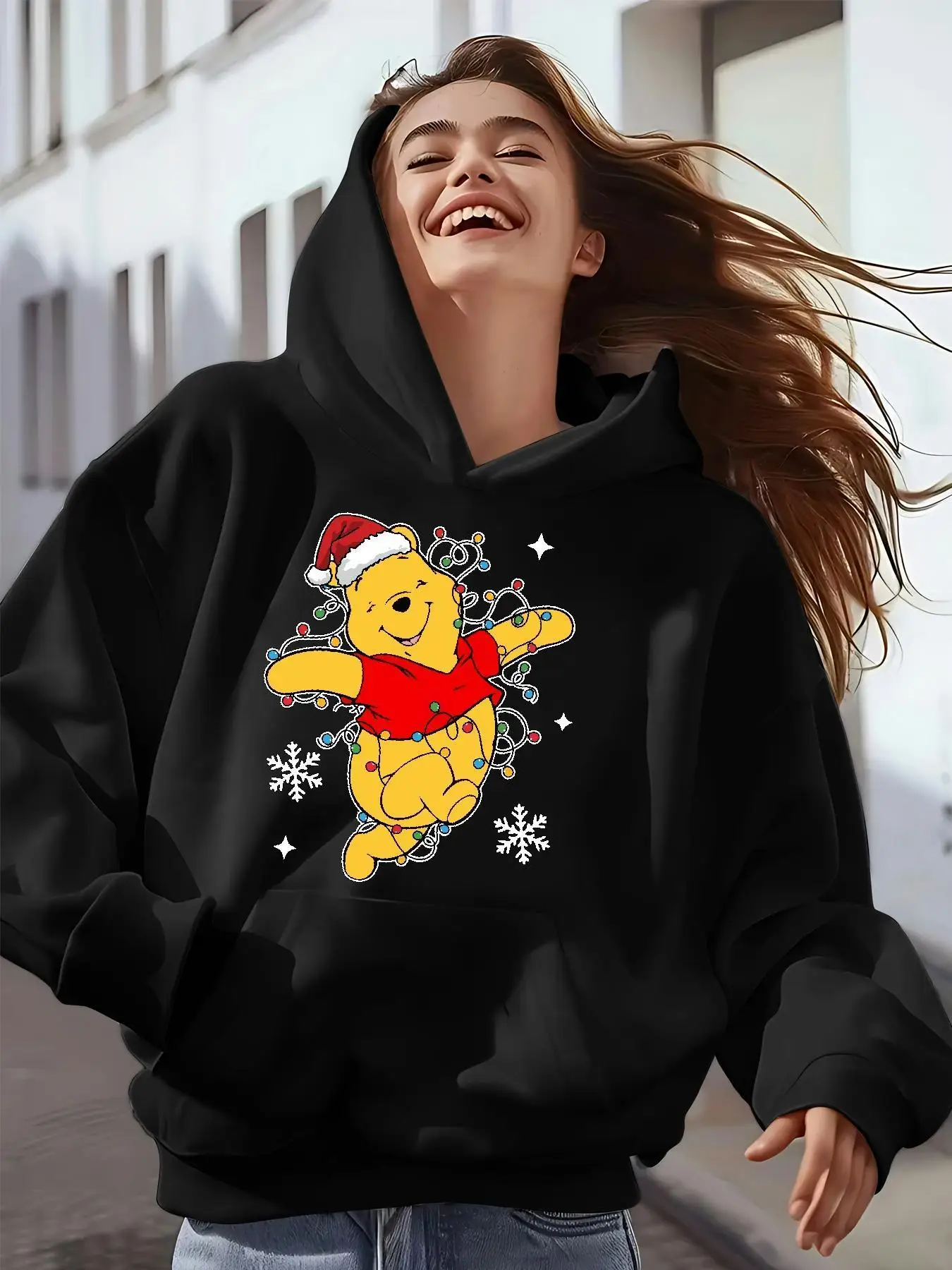 سويت شيرت نسائي من Disney Winnie The Pooh للخريف والشتاء بقلنسوة من الصوف للجنسين ملابس الشارع كبيرة الحجم فضفاضة غير رسمية للمناسبات