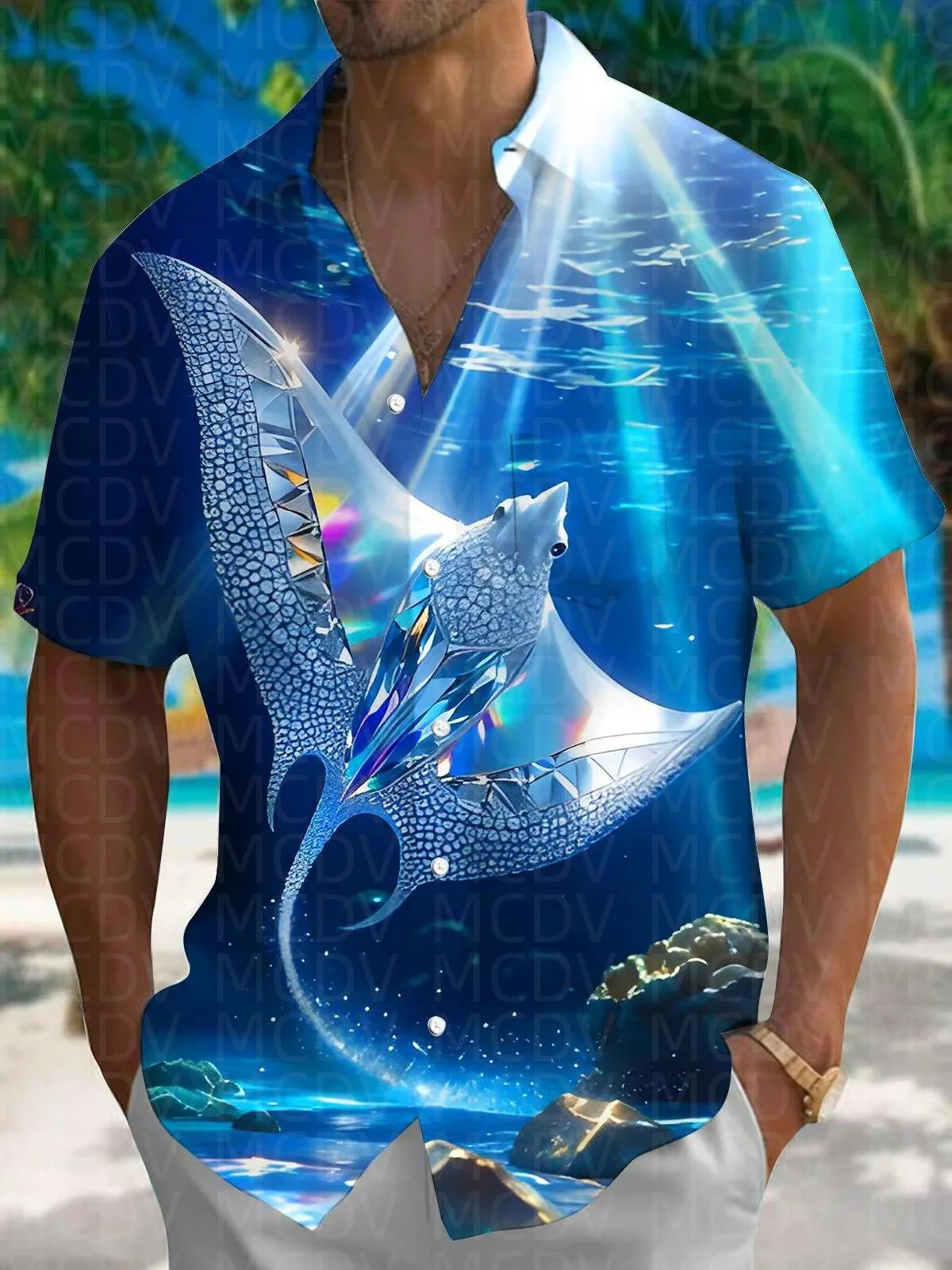 Manta ray Pattern Men's Hawaiian Shirt Stretch Easy Care Camp Shirt Big Tall