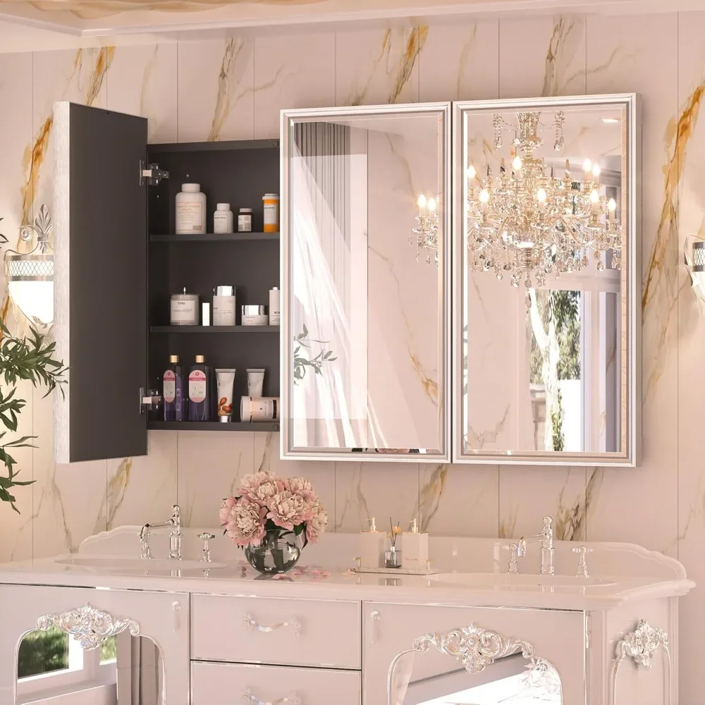 48” X 30” Medicine Cabinets for Bathroom with Mirror Recessed or Surface Wall-Mounted Aluminum Alloy Framed Beveled Mirror