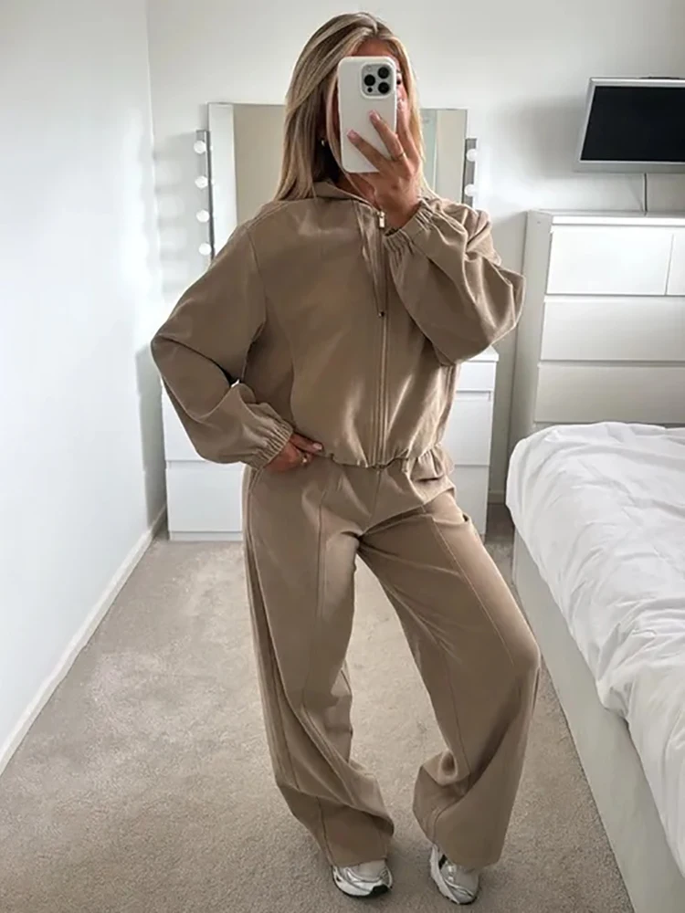 2026 Autumn Trend Solid 2‑Piece Set Fashion Zip‑Up Hooded Jacket Drawstring High Waist Wide Leg Pants Sports Chic Streetwear