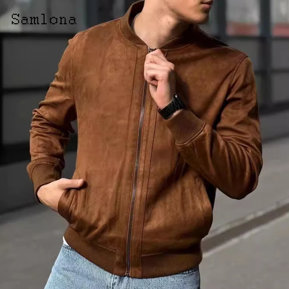 

2025 European Fashion Zipper Pocket Suede Leather Jacket Men's Pilot Coats Henry Collar Basic Top Plus Size Mens Outerwear New