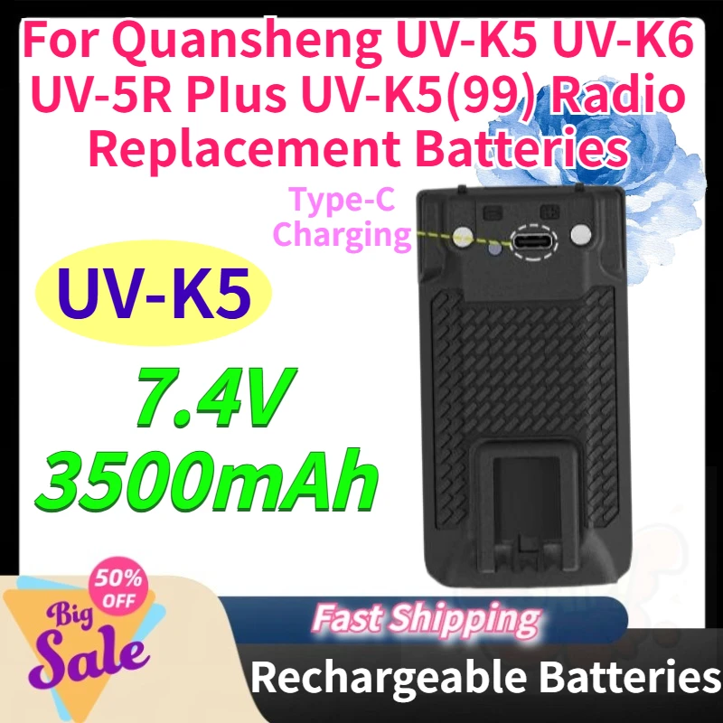 UV-K5 3500mAh Walkie Talkie Battery for Quansheng UV-K5 UV-K6 UV-5R PIus UV-K5(99) Radio Replacement Batteries Type-C Charging