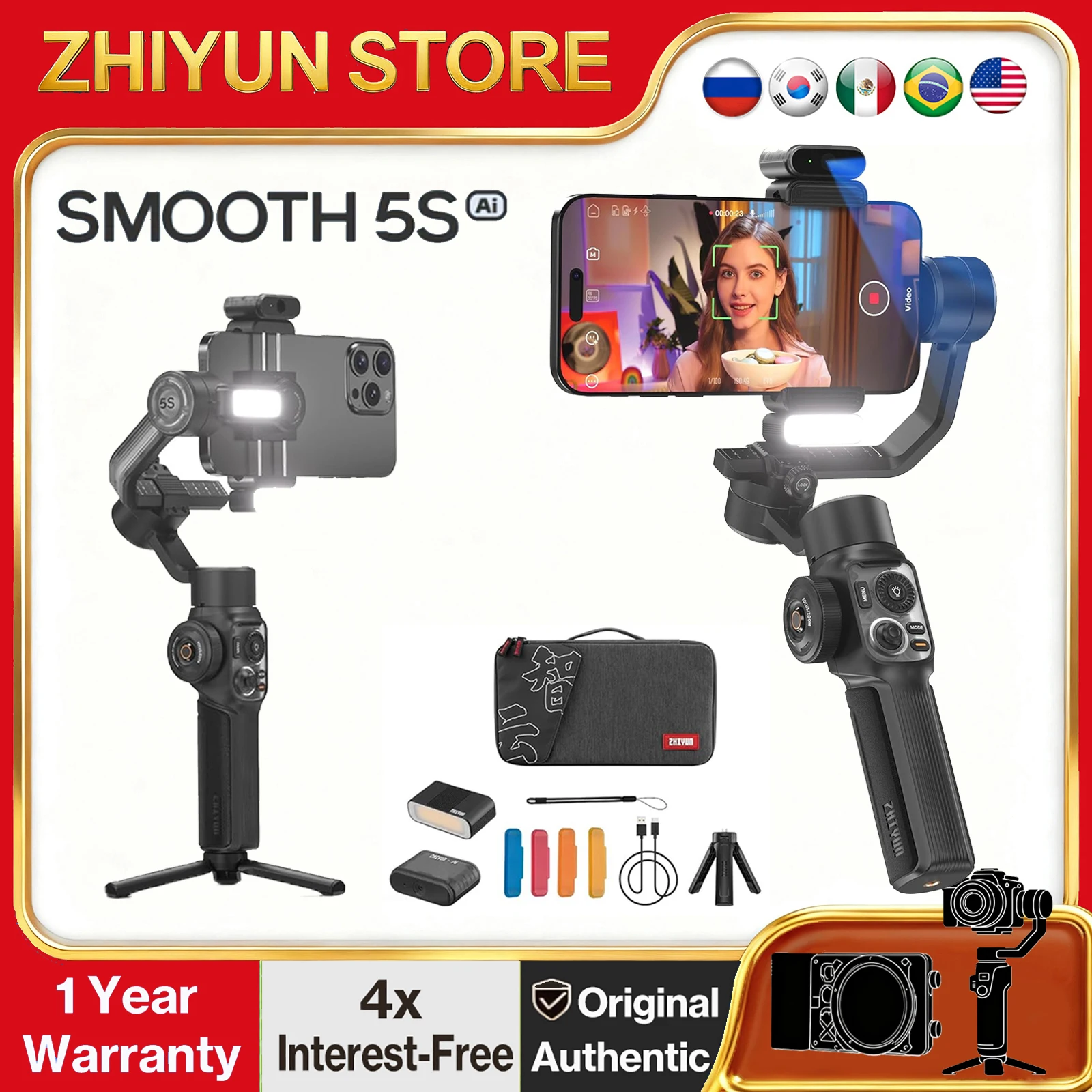 ZHIYUN Smooth 5S AI Stabilizzatore cardanico per smartphone portatile a 3 assi con luce di riempimento per tracciamento AI per iPhone Android a Vlogging