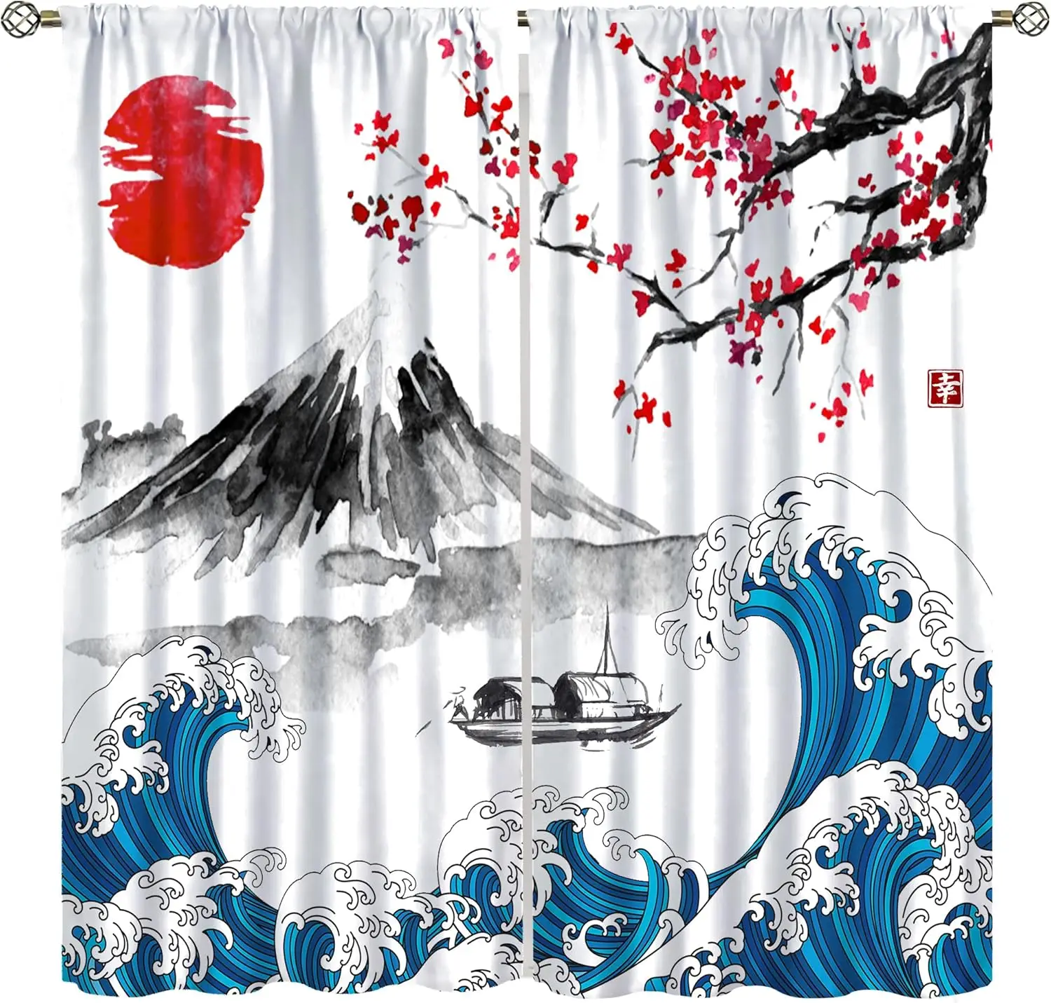 

Japanese Cherry Blossom Curtains for Bedroom,Black White Asian Ink Mountain Lake Kanagawa Sea Flowers Red Plum Landscape Window