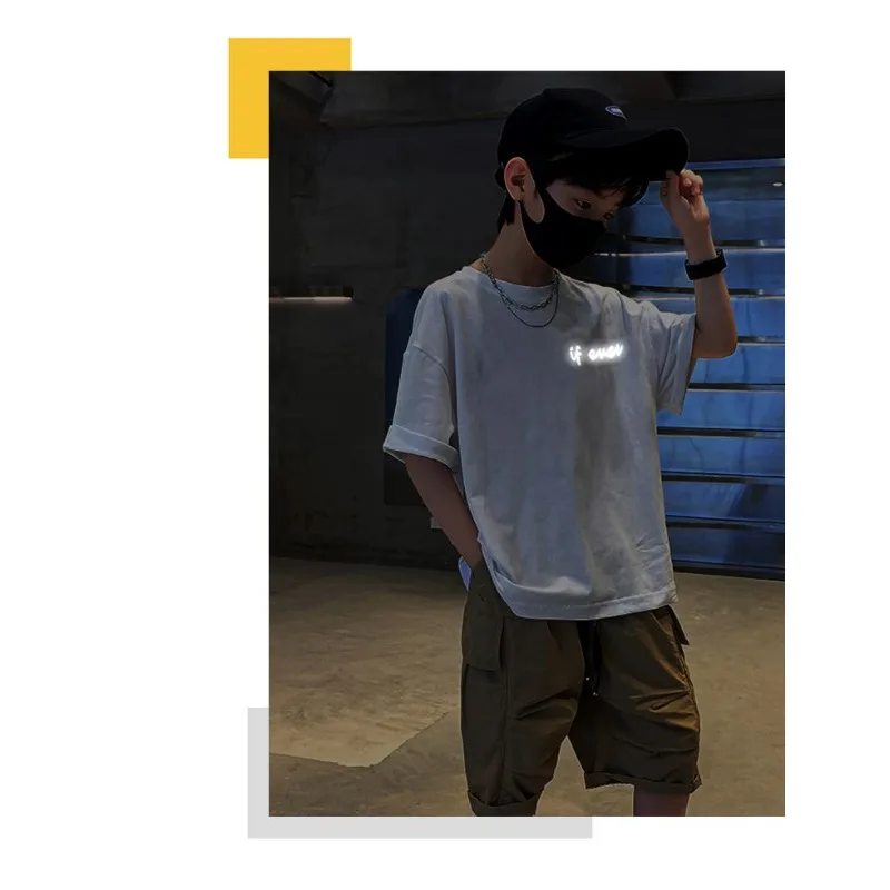 الشباب أجنحة عاكسة تي شيرت القطن قصير الأكمام المحملة فضفاضة تناسب الصيف أعلى المراهقين بنين بنات ملابس الشارع الشهير ملابس عصرية