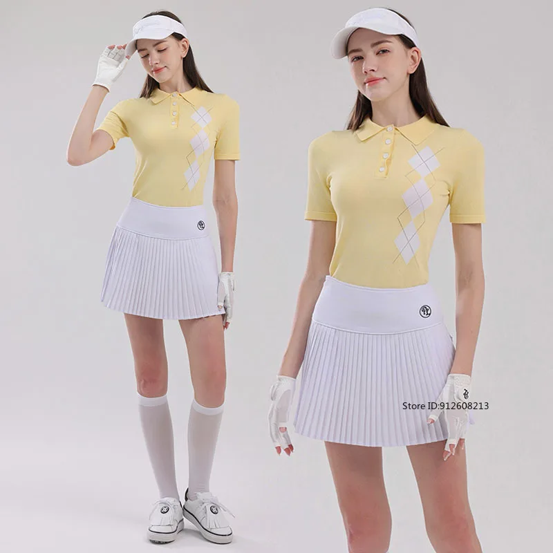PL Golf Women Apparel Summer Short-sleeved Top Knitted Elegant Polo T-shirt Sports Pleated Skirt Lady High Waist Golf Skorts
