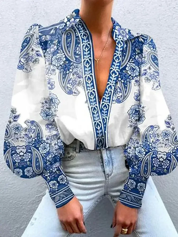

Freeacy 2024 New Printed Long Sleeve Shirt Top Lapel Collar Puff Sleeve Buttoned Loose Fit Blouse for Urban Women Shirts