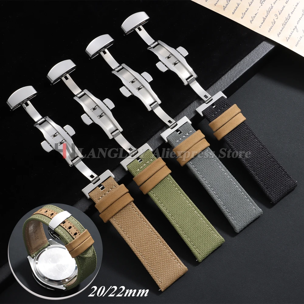 

20mm 22mm Butterfly Buckle Bracelet for Samsung for Huawei Nylon Leather Watch Bands Quick Release Canvas Sailcloth Men's Straps