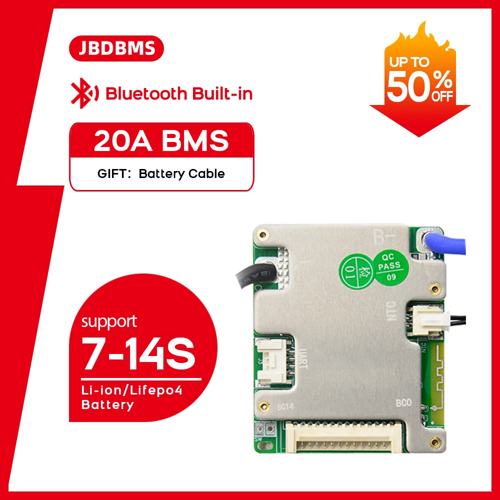 JBD Smart BMS 7S-14S 8S 9S 10S 11S 12S 13S Lithium Battery 24V 36V 48V Li-ion LifePO4 20A For E-bike E-Motorcycle E-Scooter BT