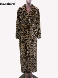 Mauroicardi Winter Maxi Colorful Multicolored Thick Warm Leopard Print Faux Fur Coat Women Sashes Baggy Chic Furry Overcoat 2024