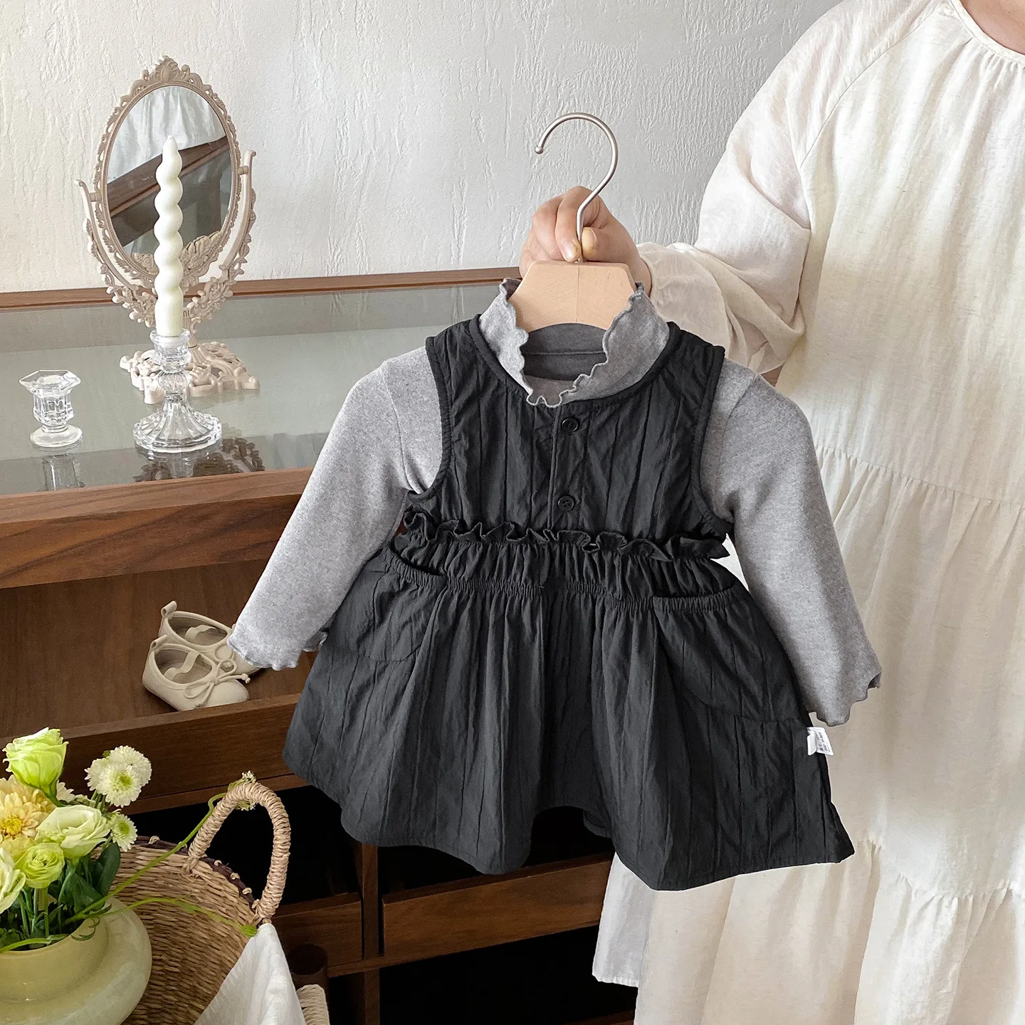 

Autumn Children's Two-piece Set Wooden Ear Long Sleeve Solid Color Infant Baby Girls Top Sleeveless Elastic Waist Kid Girl Dress