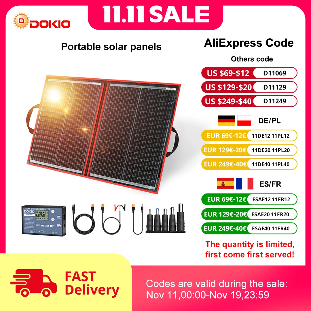 Dokio 18V 97W Kit pannello solare pieghevole flessibile pannello solare portatile caricatore pannello solare per canottaggio/campeggio all'aperto 12V