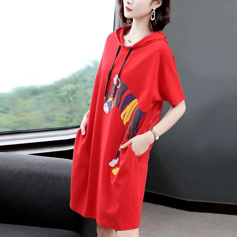 Hooded Dress for Women Summer 2025 New Casual Mid-length T-shirt Skirt Lazy Style Loose