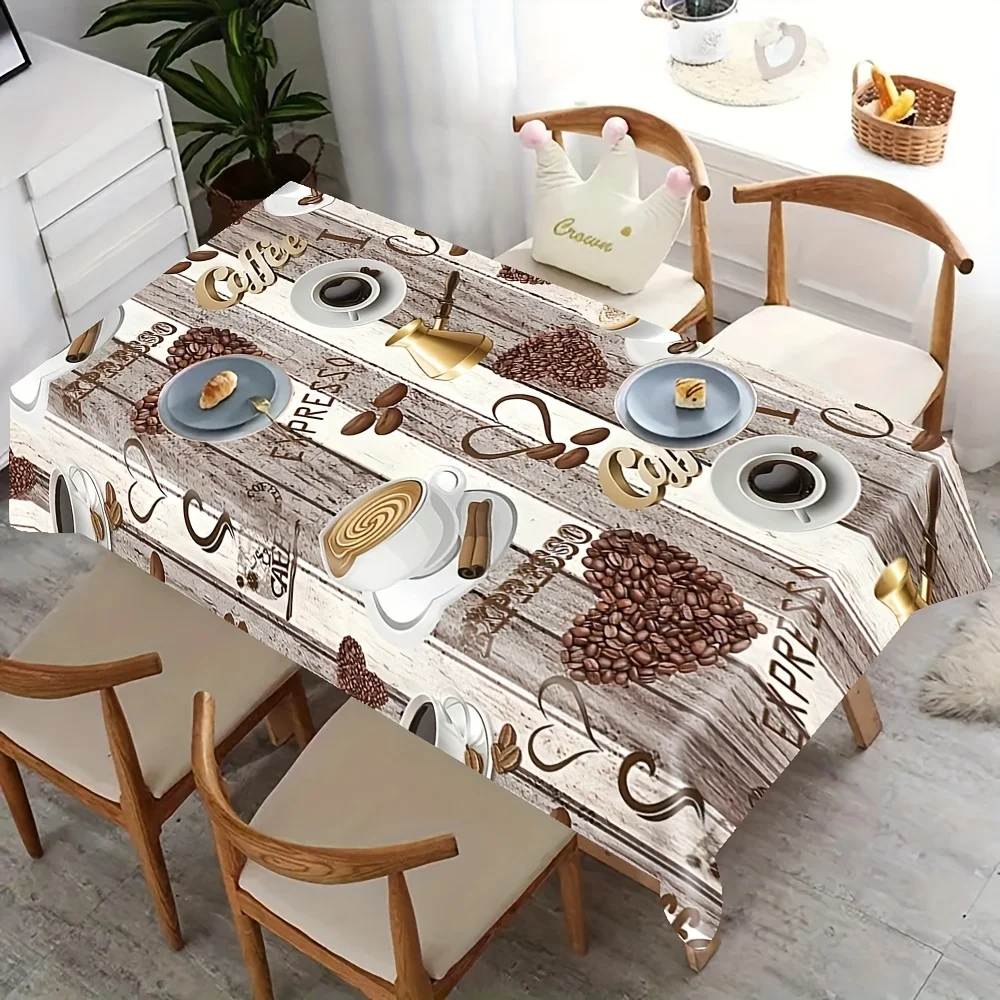 One rectangular polyester fabric tablecloth, available in various sizes, featuring a wood grain pattern with coffee elements.zyc