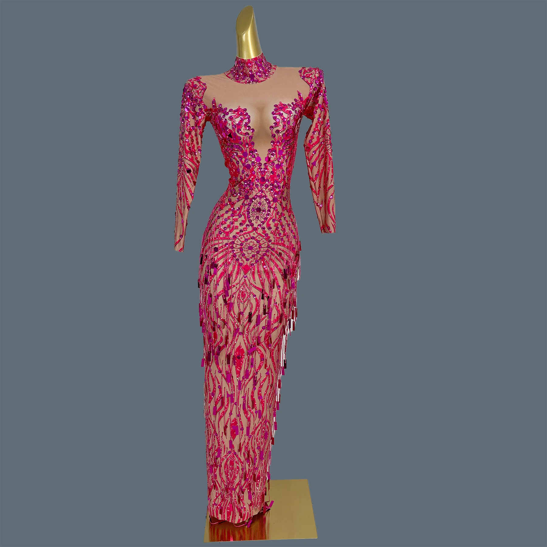 

Spandex Sequins Long Sleeves Printing Dresses Birthday Party Formal Gown Sexy Women Rose Pink Tassel Evening Dress Diaopianqun