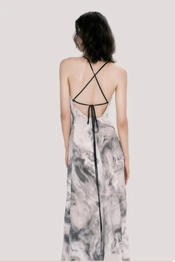 

LUSWGS Original Design New Chinese Style Long Elegant Dress Water-Media Painting Print Sling Strap Neck-Line Backless Gown