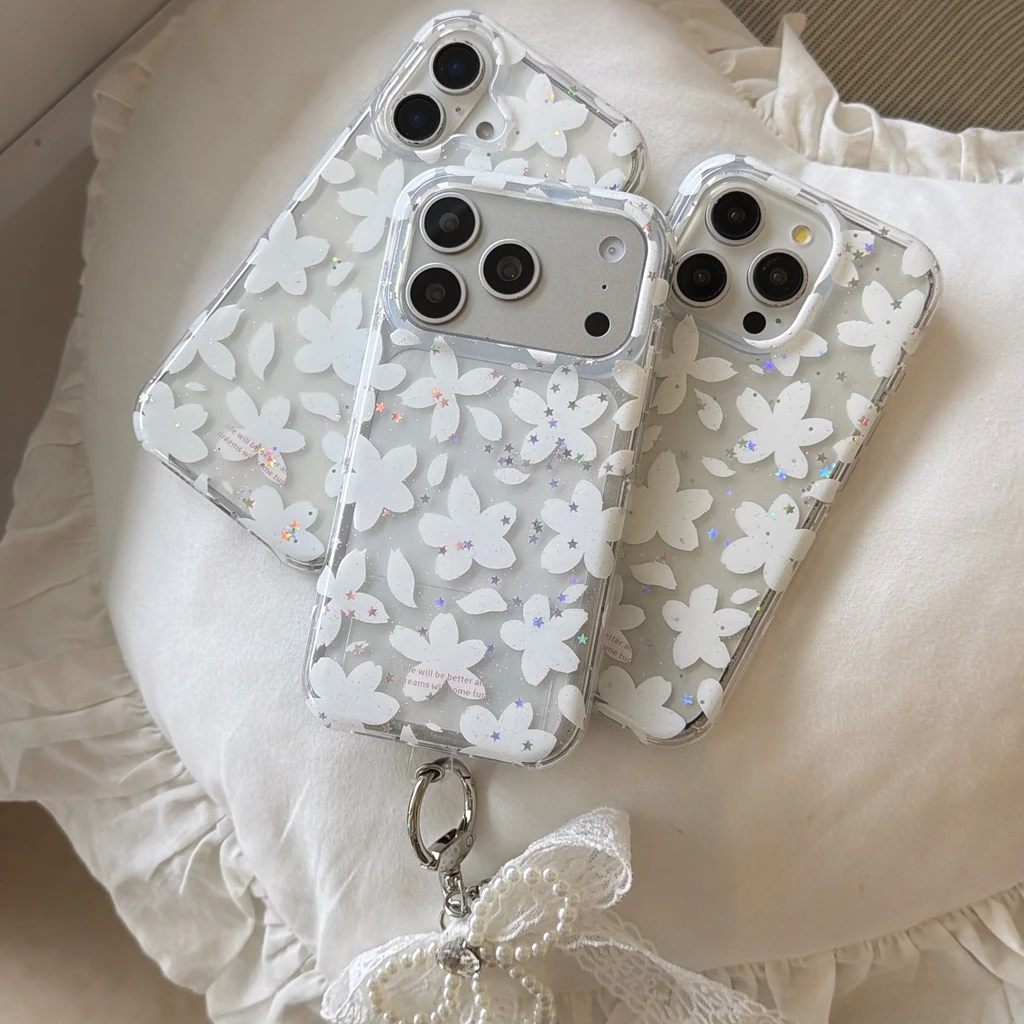 Romantic Shimmer Stars Transparent Flowers With Lace Bowknot Pendant Phone Protective Cover Case for iPhone 17 16 15 Pro Max