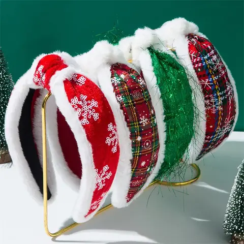 크리스마스 눈송이 격자 무늬 머리띠, 넓은 매듭 머리 고리, 헤어 액세서리, 여자 헤어 밴드, 파티 선물 장식