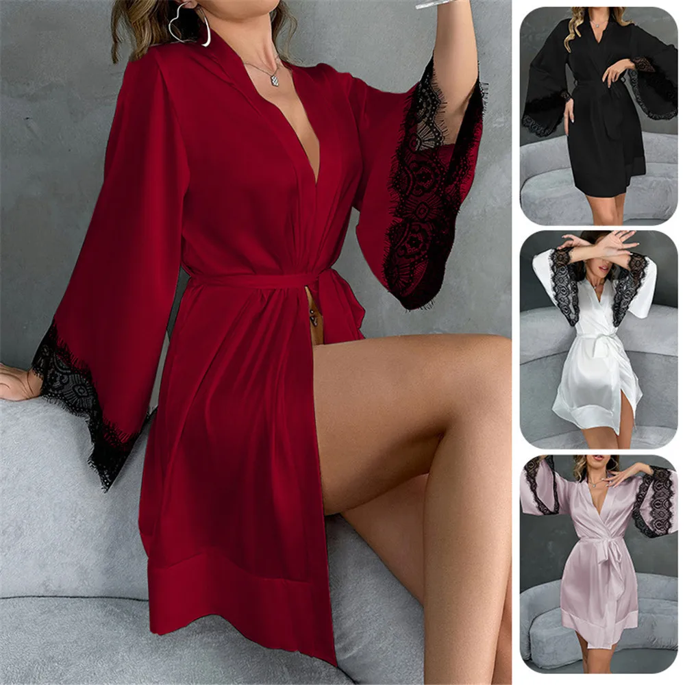 

Женский короткий халат, одежда для сна, элегантное кимоно с кружевной отделкой и манжетами, домашнее платье, летняя шелковая атласная одежда для дома