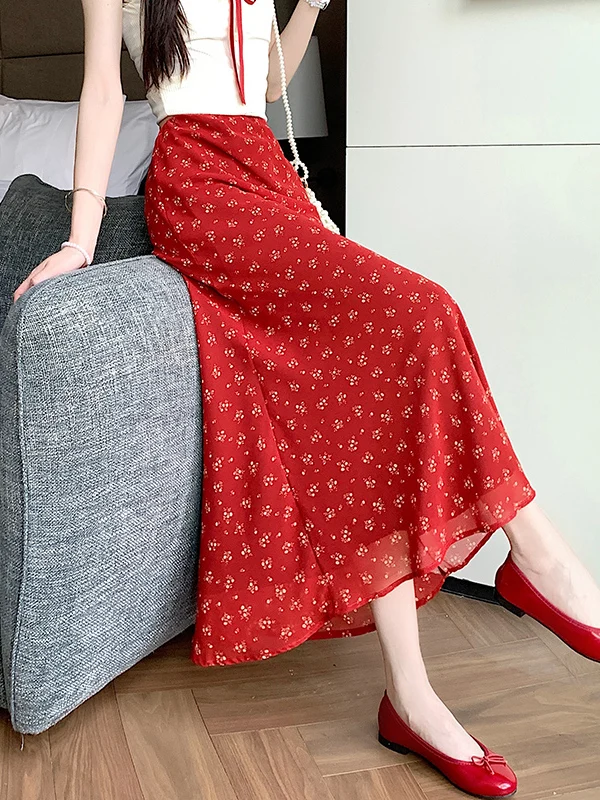 Red Floral Chiffon Halter Neck One Step Long Skirt Women's Summer Beach Vacation Style Sexy Fish Tail Bodycon Skirt