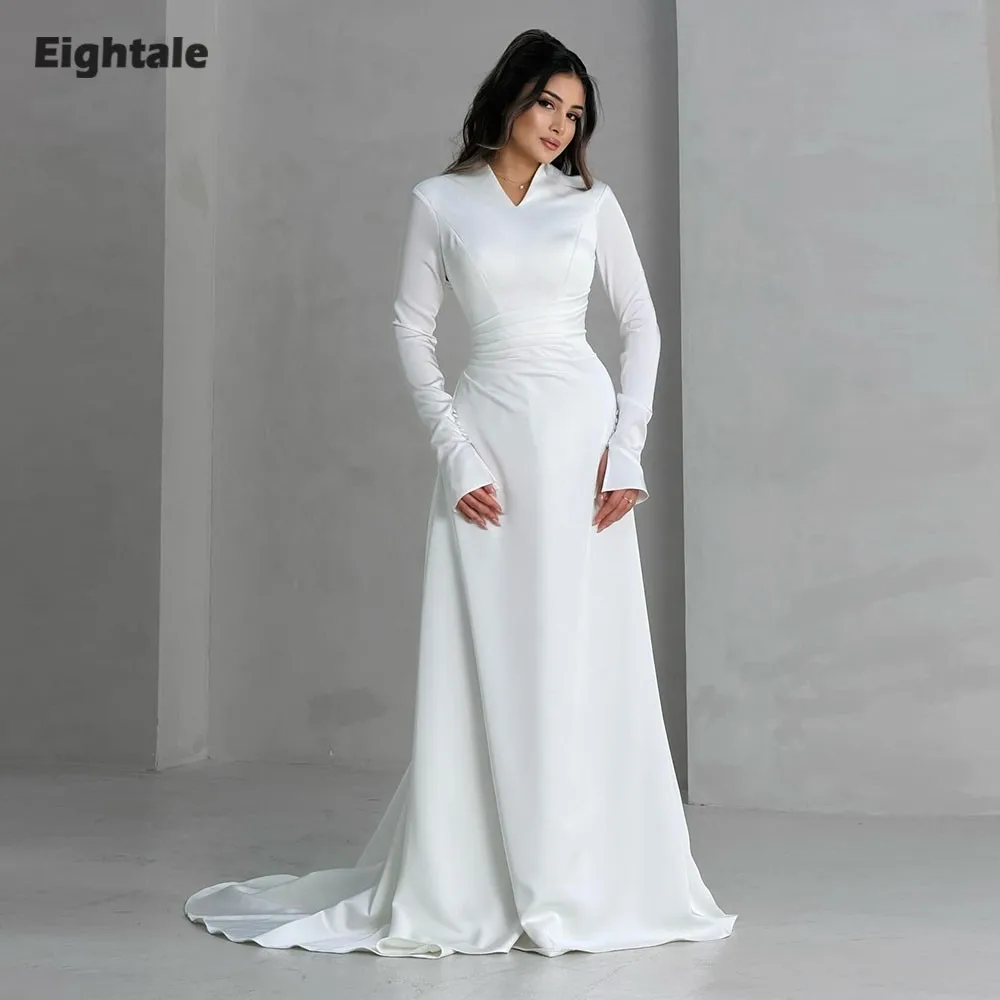 Eightale Arabic Wedding Dress Customized Ivory Long Sleeves V-Neck Bridal Gown Satin Muslim Mermaid Bride Party Dress