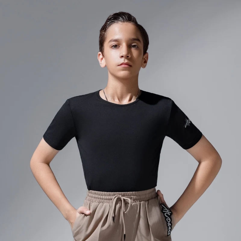 

2025 Children Latin Dance Performance Costumes For Boys Short Sleeved Practice Tops Samba Chacha Tango Latin Dance Wear DQS20478