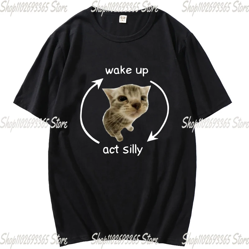 Wake Up Act Silly Meme Graphic T Shirt Funny Cute Cat Print Short Sleeve T-shirt Men Women Casual  T Shirts