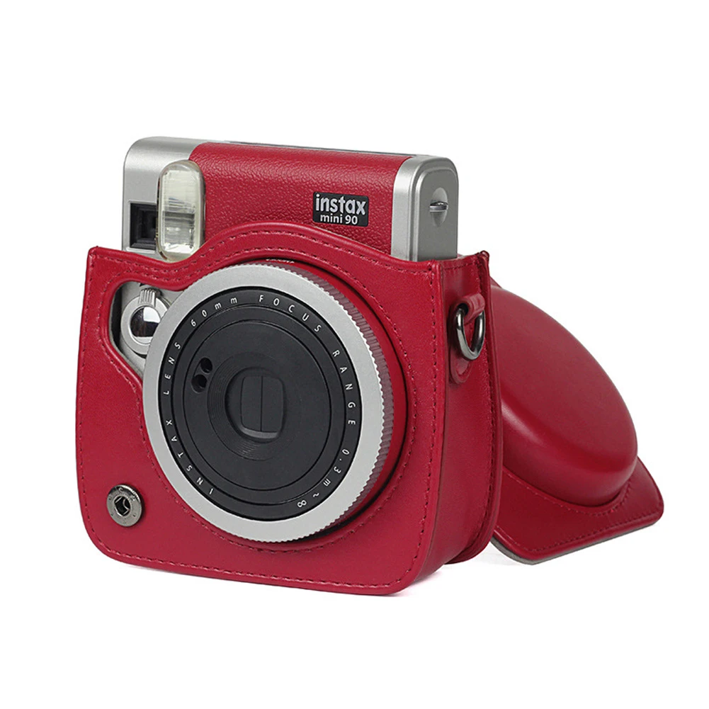 Funda protectora clásica de cuero PU para cámara, Compatible con Fujifilm Instax Mini 90 con correa para el hombro, funda Instax roja, negra/marrón