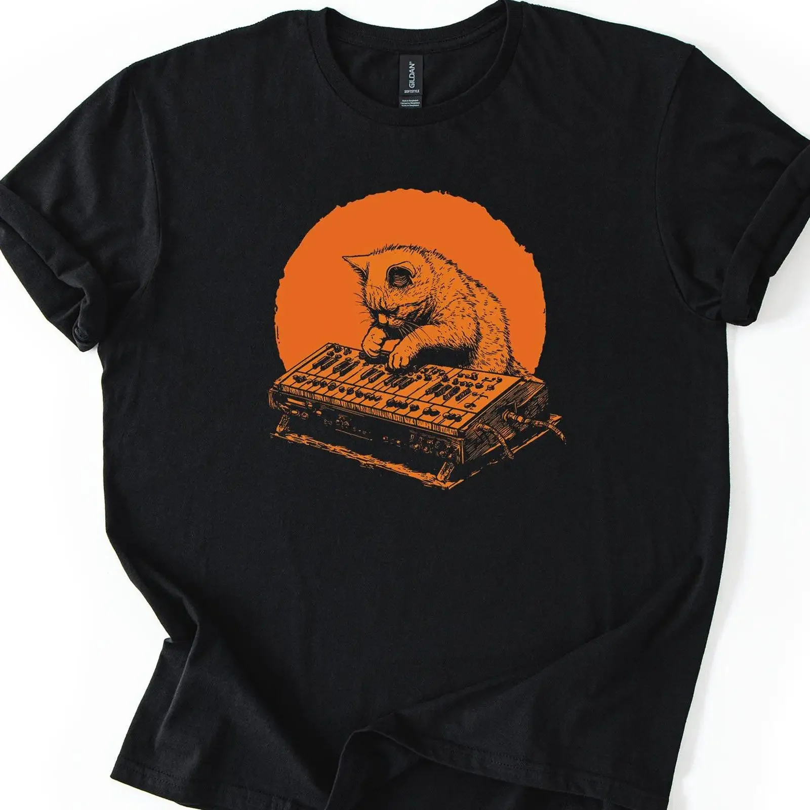 Synthesizer Cat T Shirt Modular Synth Beat Maker Music for Producer Techno DJ Analog Casual vintage Washed streetwear