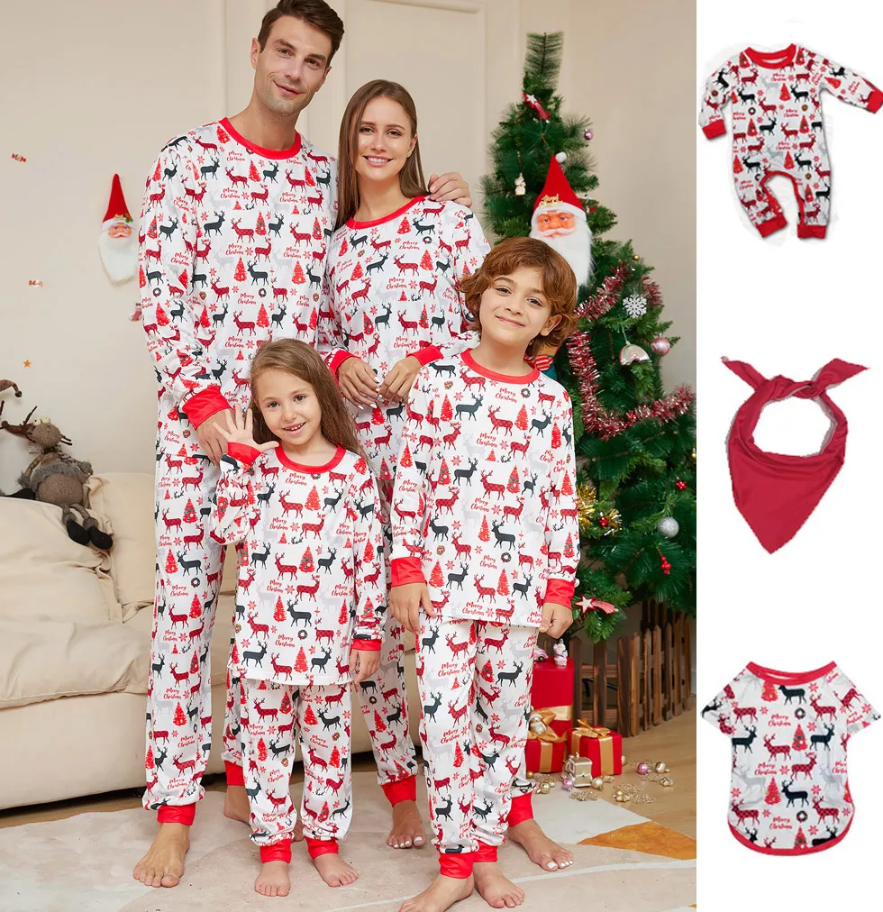 2024 Family Xmas Pajamas Matching Set New Year Fashion Red Cartoon Christmas Deer Print Adult Kids Pj\'s Baby Romper Dog Clothes