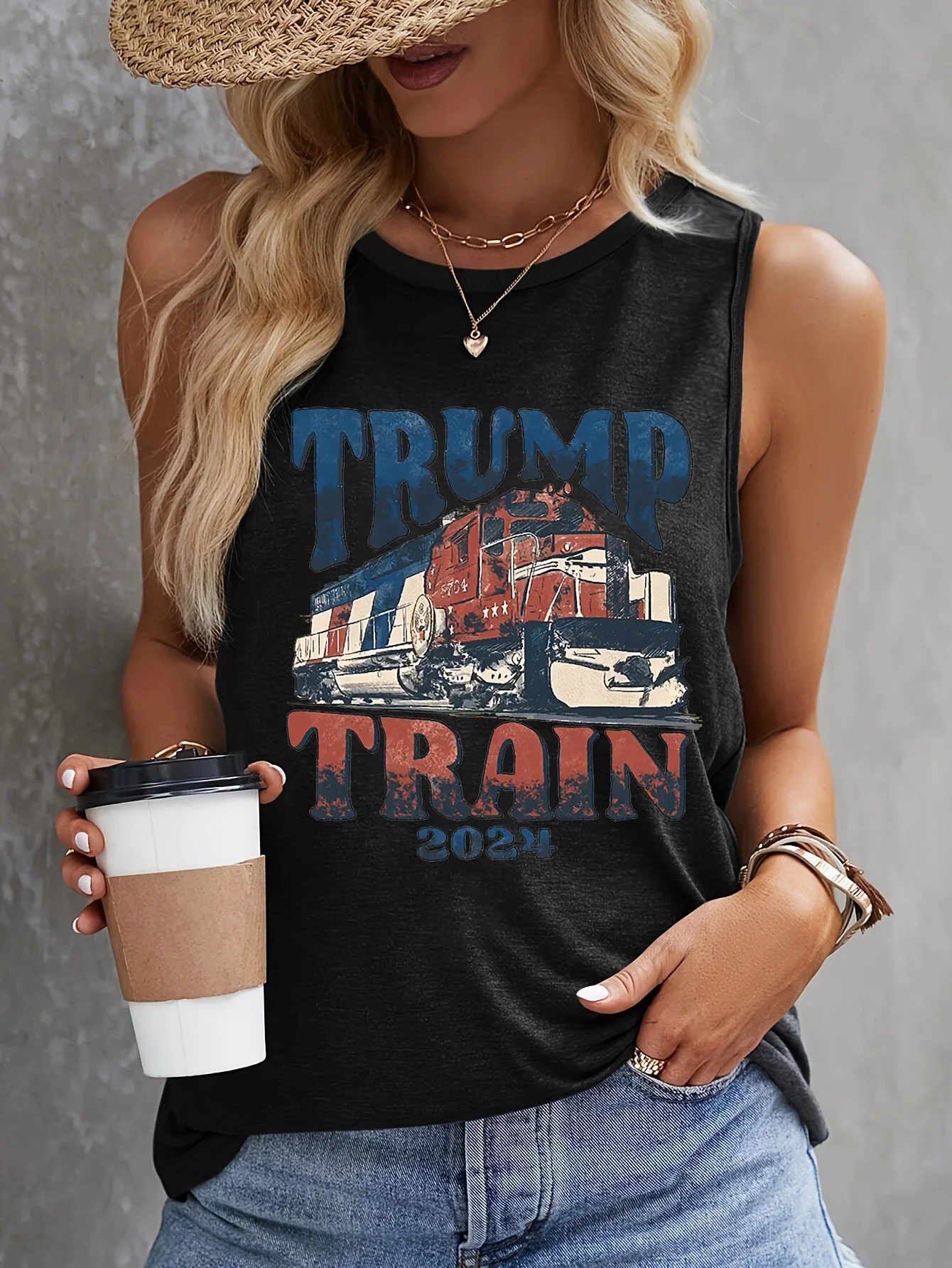 Trump Train Print Tank Top Sleeveless Casual Top For Summer & Spring Women\'s Clothing