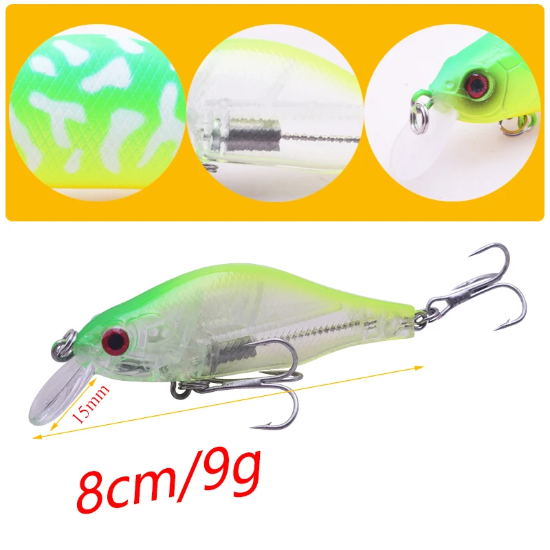 Señuelos de Pesca de pececillos, cebos flotantes de 8cm y 9g, perca, ojos 3D, cebo duro Artificial, Lucio, Carpa, lubina, Swimbait, 1 piezas