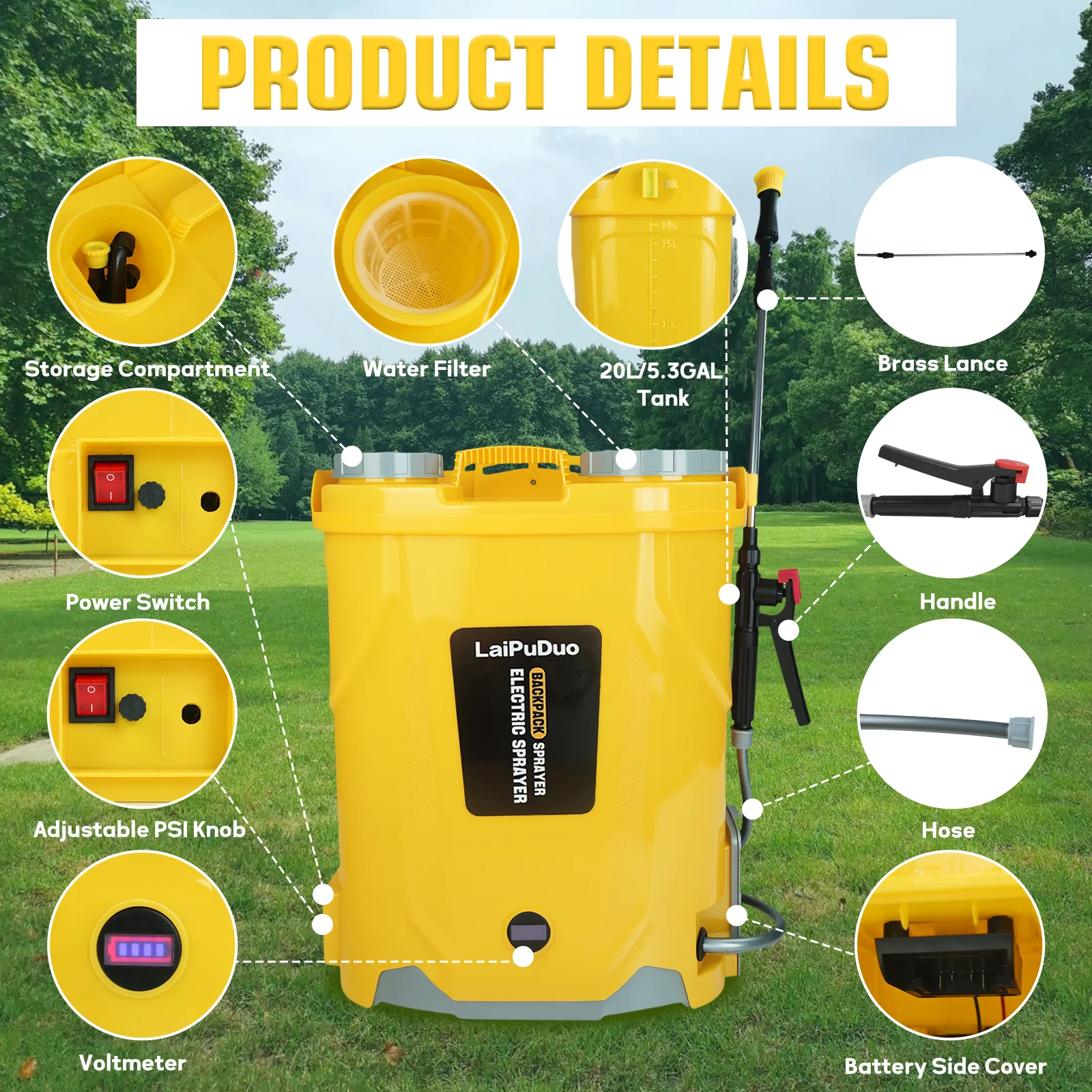بخاخ حقيبة الظهر الكهربائية 20 لتر سعة 5.3 جالون 100 رطل لكل بوصة مربعة بخاخ زراعي مع 4 فوهات لبطارية ديوالت 20 فولت