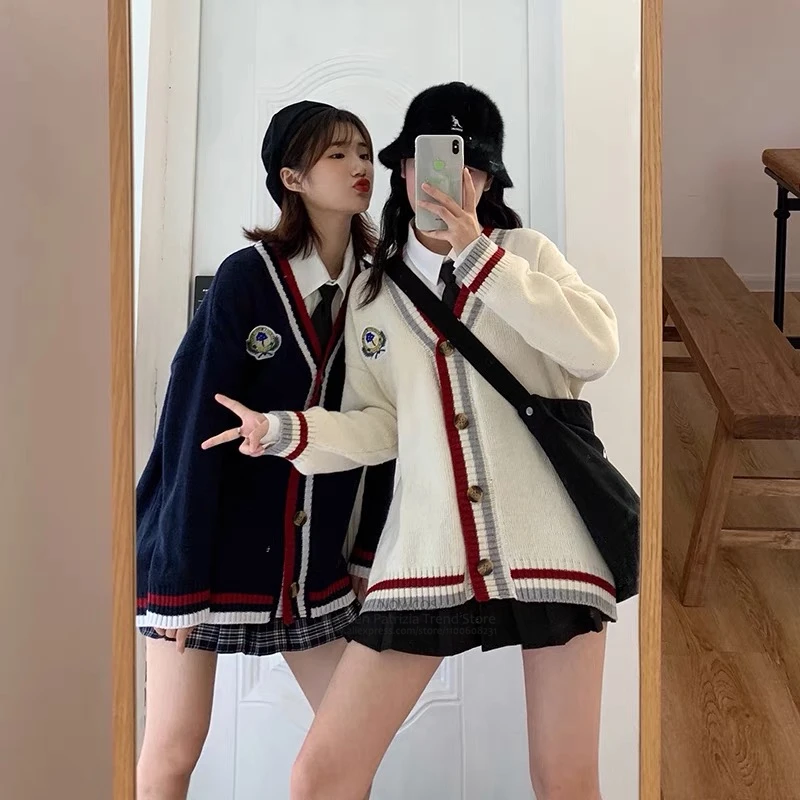 Spring Autumn 2024 College Style Knitted Cardigan Sweater Navy Women Cotton Long Sleeved V-neck Korean JK Uniform Sweater Jacket