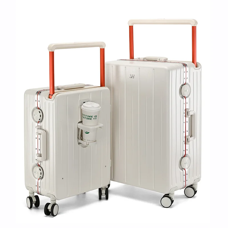 Luggage Wide Pull Rod Suitcase USB Charging Port Travel Suitcase with Cup Holder  Aluminum Alloy Frame Middle Size Luggage