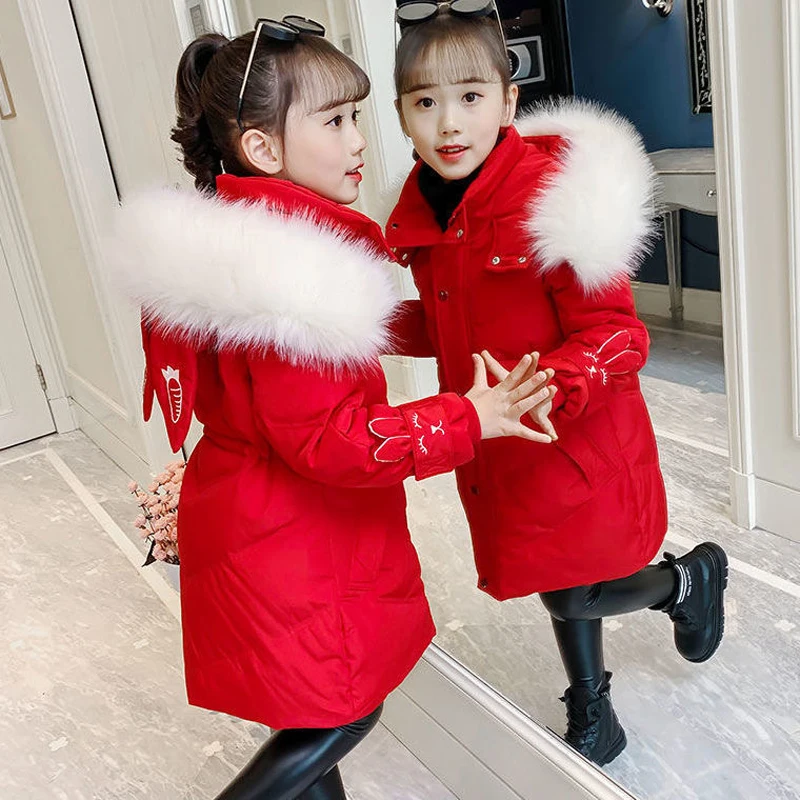 

Winter Girls Coat Fur Collar Princess Outerwear Keep Warm Thicken Kids Hooded Jacket Children Clothes XMP472