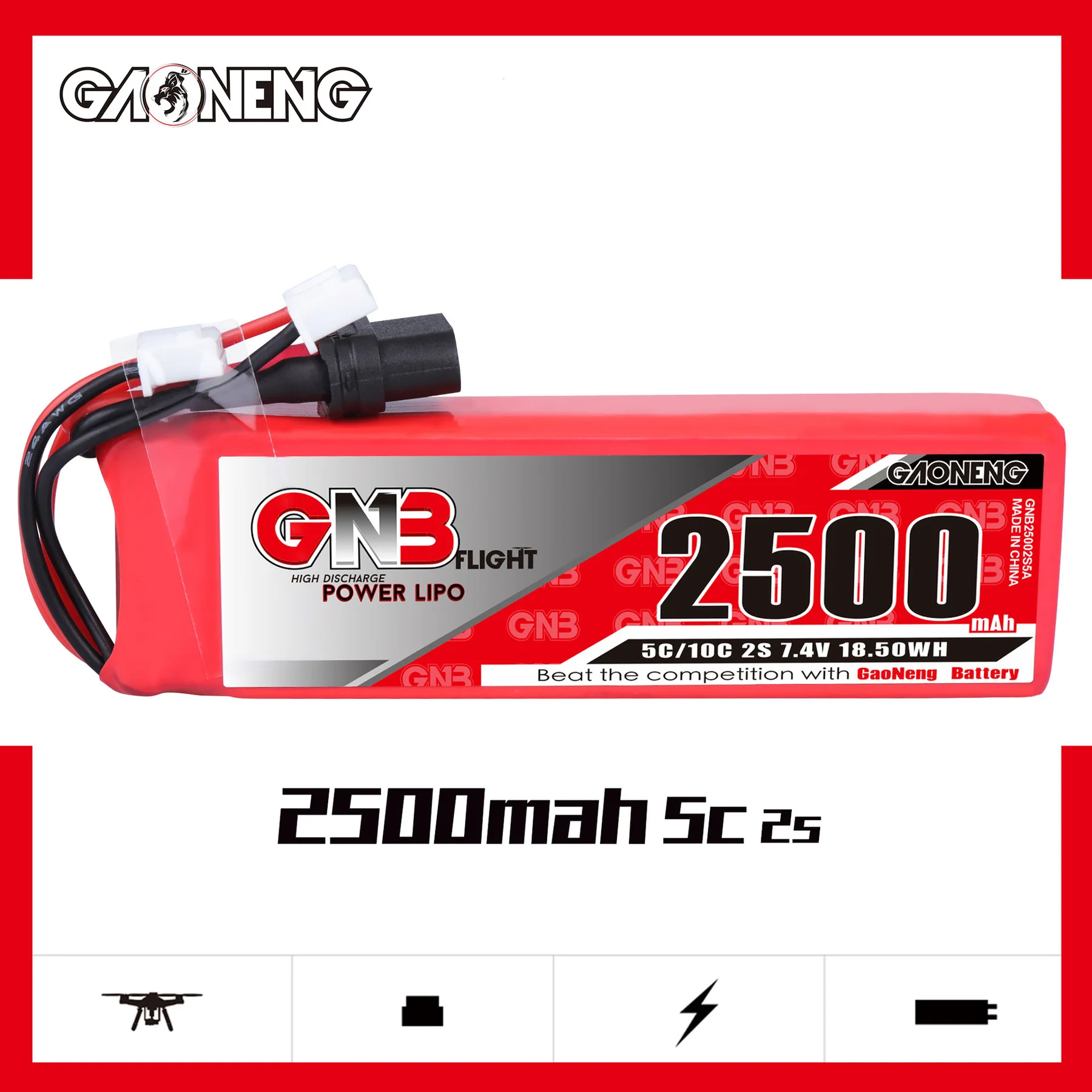 GNB 2S 7.4V 2500MAH Lipo Battery XT60U-F For Frsky Taranis X9D Plus Transmitter Remote Controller Battery 5C/10C 7.4V Battery